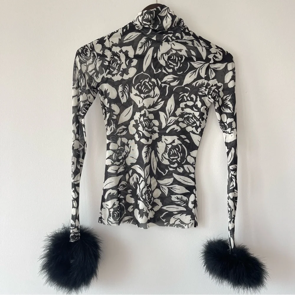 ❌SOLD❌Afrm x Revolve Miki Black Noir Rose Mesh turtleneck top with faux fur cuff - Picture 4 of 12